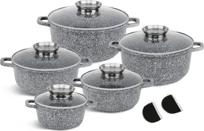 Produktbild von 10 tlg Schöne Steintöpfe in verschiedenen Größen, Graue Farbe, Induktion, 1.3L / 2.3L / 3.5L / 4.5L / 5.6L, ideale Geschenkidee !