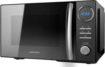 A black Medion microwave oven shown from a slight diagonal front angle.