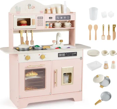 Immagine prodotto di COSTWAY Cucina per bambini, cucina giocattolo in legno con 17 accessori, cucina giocattolo con forno, gelatiera, microonde e fornello, cucina in legno per bambini dai 3 anni in su, rosa