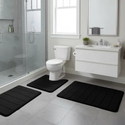 Produktbild von Badematten Set 3-teilig, rutschfest, schwarz, für Badezimmer, 40x60 cm, 50x60 cm, 50x80 cm, waschbar