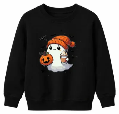 Produktbild von Süßer Halloween Geist Kürbis Pumpkin Spice Gespenst Kinder Sweatshirt Pullover, Schwarz, 152