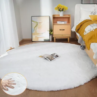 Obrázok produktu pre Kruhová podložka, priemer 180 cm, plyšová, biela, Umelá kožušina, mäkká, umývateľná