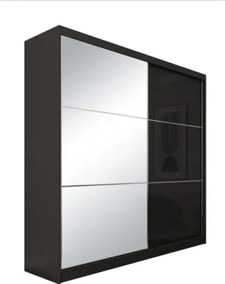 A black wardrobe with mirrored sliding doors, shown from a three-quarter angle against a white background.
