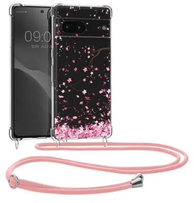 Produktbild von kwmobile Necklace Case kompatibel mit Google Pixel 7 Hülle - Silikon Cover mit Handykette - Rosa Dunkelbraun Transparent Kirschblütenblätter