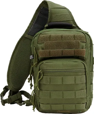 A green tactical sling bag is shown against a white background.