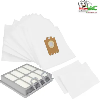 A collection of vacuum cleaner bags and a filter are displayed against a white background, with a logo in the top right corner.