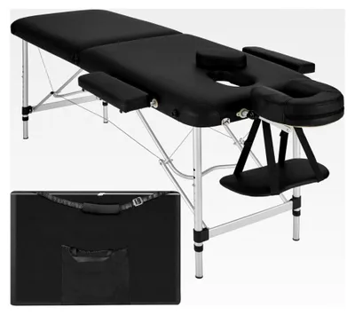 Produktbild von Massageliege 2 Zonen, klappbar, höhenverstellbar, Aluminium, tragbar inkl. Zubehör, Kopfstütze, Armlehne und Tragetasche - schwarz