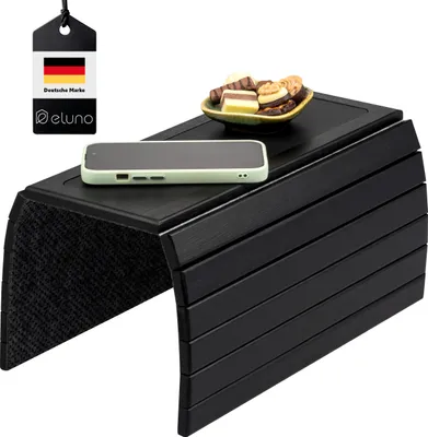 Produktbild von eluno Armlehnen Sofatablett aus Bambus mit rutschfester Silikonablage, faltbare Ablage für Snacks, Handy uvm. in Schwarz