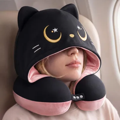 Produktbild von Umkehrbares Reisekissen mit Kapuze und süßem Katzen Design für Kinder und Erwachsene