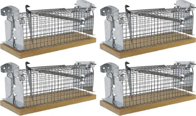 Produktbild von 4er Pack Mäuse Lebendfalle aus Holz/Metall 150x60mm – Humane Nagerfalle für drinnen & draußen