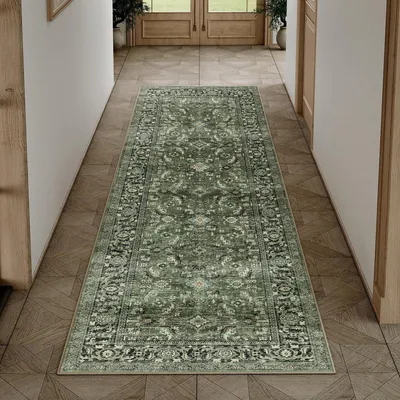Image de Tapis de couloir, dimensions 60x180 cm, couleur verte, lavable, style rétro, en polyester