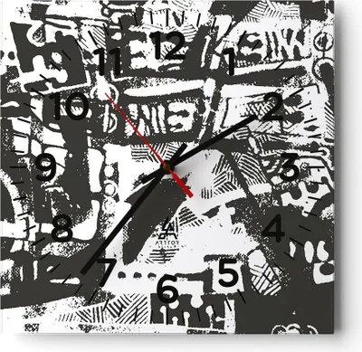Produktbild von Wanduhr - Quadrat - Glasuhr - Schwarzweiß Figuren Abstraktion - 40x40cm - Schleichendes Uhrwerk - Lautlos - zum Aufhängen bereit - Dekoration Modern - Wanddekoration aus Glas - C4AC40x40-5125