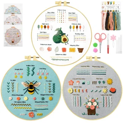 Produktbild von Stickset Stickpackung Stickset für Anfänger - 28 Stiche - 3 Muster und 12 Farben Stickgarn - Komplett für Einsteiger - Für Wand- und Tischdeko