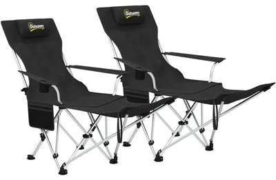 Image de Lot de 2 chaises de camping pliante inclinable avec repose-pieds, sac de rangement, porte-gobelet et appui-tšºte, noir