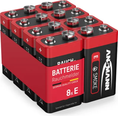 A pack of eight 9V batteries for smoke detectors.
