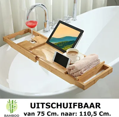 Produktbild von Decopatent Verstellbare Badewannenablage aus Bambus Holz - Badewannentablett / Badewannentisch Ausziehbar
