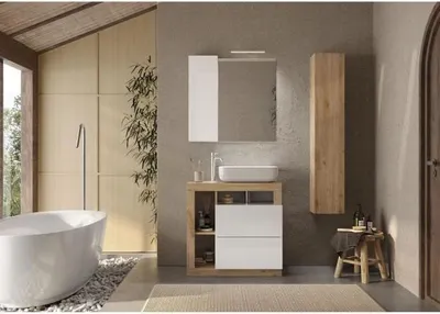 Productafbeelding van MEUBLE HAMBOURG Wastafelset, 78 cm, licht eikenhout/wit + kolom
