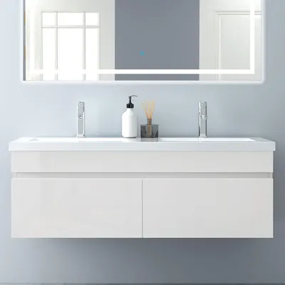 Produktbild von Waschtisch mit Unterschrank 120cm BERGEN Badmöbel Set Hochglanz Weiß Waschbecken mit Unterschrank MDF Softclose