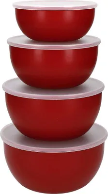 Productafbeelding van Tomivo® 4-delige set plastic keukelschalen met deksels, stapelbaar en vaatwasmachinebestendig, rood, 591 ml / 828 ml, 15,6 x 8,8 x 8,2 cm, 400 g