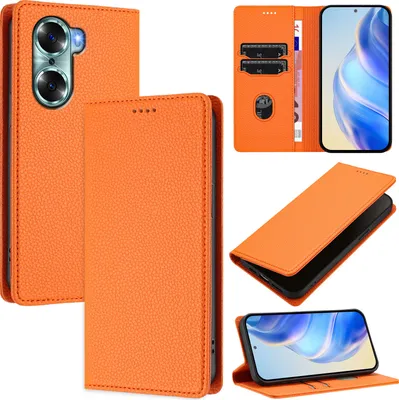 Produktbild von Litchi Leder Handyhülle für Honor 60 Wallet Kartenfächer Standfunktion Hülle Orange