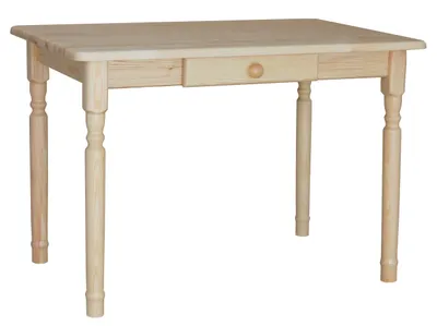 A simple, unfinished wooden table with a single drawer, presented in a clean studio setting.
