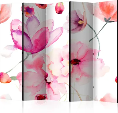 A decorative room divider with a watercolor floral pattern.