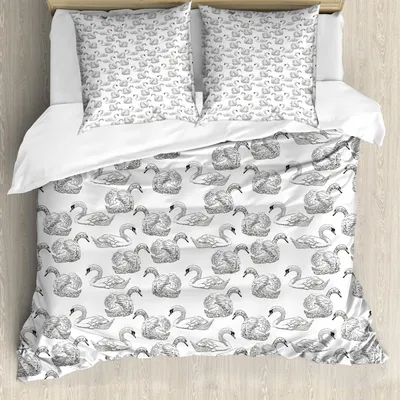 Produktbild von ABAKUHAUS Schwan Bettbezug Set, Skizze-Kunst-Muster der Schwimmen-Wasservögel Symbole der Vornehmheit Anmut und Romance, 155 x 220 cm + 80 x 80 cm, Weiß Schwarz