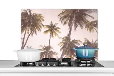 Obrázok produktu pre MuchoWow® Splashback kitchen - Kuchynský backsplash - Ochrana steny sporáka a drezu - Červenajúce sa palmy 90x60 - Alu-Dibond (alternatíva skleneného splashbacku) - Tepelne odolný - Splashback sporáka - Ochrana dlaždíc - Kuchynská stena - Kuchynský backsplash - Odolný voči teplote - Splashback kitchen