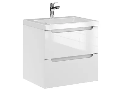 Produktbild von Furni Badunterschrank 50 cm Weiß Hochglanz lackiert – Vormontierter Waschbeckenunterschrank mit Griffmulde, Hängend, 2 Schubladen