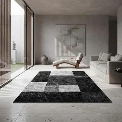 Produktbild von Wohnteppich Karomuster Modern Waschbar Strapazierfähig | Schwarz 200x290 cm Wohnzimmer Schnelltrocknend  | LATEMAR – Kadima Design