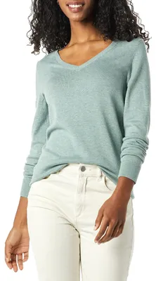 Immagine prodotto di A. Maglia a maniche lunghe leggera da donna, scollo a V, colore verde salvia melange