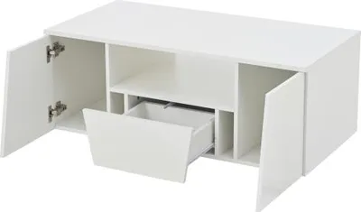Produktbild von Couchtisch 100x50x40cm LED Hochglanz 2 Schraenke 1 Schublade unregelmaessiges Design Weiss Vitrine Kaffeetisch Sofatisch Multifunktionsmoebel