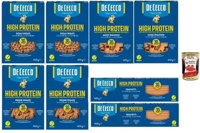 Produktbild von De Cecco Italian Gourmet Bundle High Protein Pasta 8x 400 g (Ditali Rigati, Mezzi Rigatoni, Penne Rigate, Spaghetti) + Italian Gourmet Polpa – proteinreiche italienische Pasta mit 30% Protein