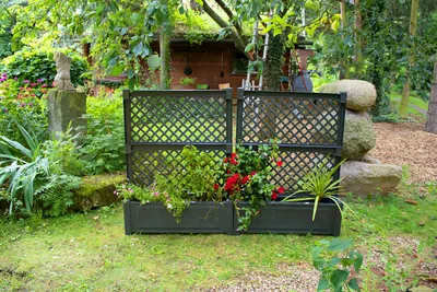 Produktbild von KHW Pflanzkasten mit Zentralspalier, Anthrazit, Kunststoff, 100x43xH137cm, 2er-Set, UV- & wetterbeständig, für Rank-, Hänge- & Kübelpflanzen, Sicht- & Windschutz, einfache Steckmontage, beidseitig bepflanzbar