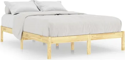 A wooden bed frame with white bedding and pillows, shown against a white background.
