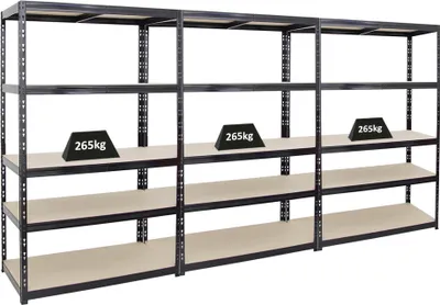Produktbild von Mega Deal | 3x Schwerlastregal Giant Tiger | HxBxT 200x120x60cm | Fachlast 265kg | 5-Ebenen | Schwarz | Garagenregal, Lagerregal, Steckregal, Kellerregal, Werkstattregal