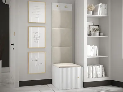 Produktbild von MIRJAN24 Garderoben-Set Orion Ryfel Slim XXII, Schuhschrank 1D, Kleiderhakenbrett, 4x Paneel 42x42, 2 Kleiderhaken für Kleidung, Metallgriffe (Farbe: Weiß, Manila 02)