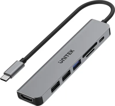 Zdjęcie produktu dla UNITEK uHUB S7+, Przewodowa, USB 3.2 Gen 1 (3.1 Gen 1) Type-C, 100 W, Szary, Space Gray, MicroSD (TransFlash), SD