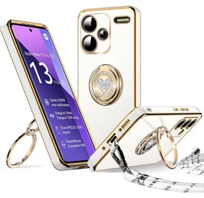 Image de Coque pour Xiaomi Redmi Note 13 Pro Plus 5G, Silicone avec Anneau Rotatif et Cordon - Blanc
