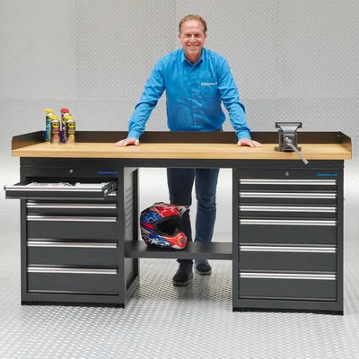 Produktbild von Werkbank - Arbeitsplatte aus Eiche - 12 Schubladen - 200cm - Schwarz
