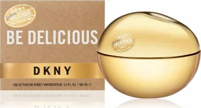 A product shot of DKNY Golden Delicious perfume bottle and its packaging.