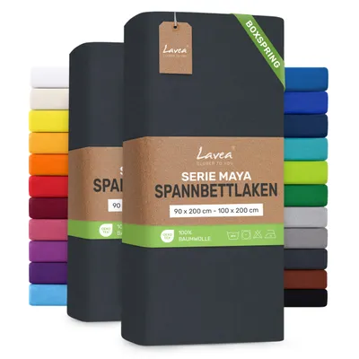 Produktbild von Lavea® 2er Pack Spannbettlaken 90/100x200 cm, Jersey Bettlaken 100% Baumwolle – Boxspringbetten, Wasserbetten, Matratzen bis 35 cm – Anthrazit