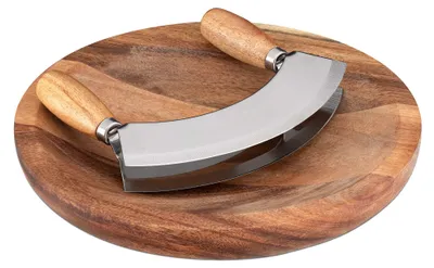 Produktbild von Gewürzbrett mit Wiegemesser – 17 x 13,5 cm, Gewürzmesser aus Edelstahl – Wiegemesser mit Akazienholzbrett – Doppelklinge