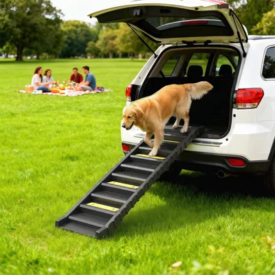 Produktbild von Hunderampe klappbar, Hundetreppe Auto SUV, rutschfest, Kunststoff TPR, Schwarz | 154 x 40 cm | bis 68 kg | für große & kleine Hunde