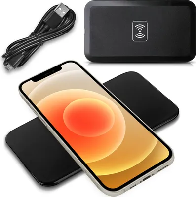 A black wireless charger and a smartphone are displayed on a white background.