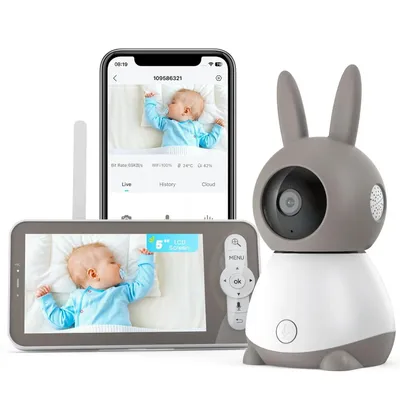 Image de Babyphone avec caméra 2K/3MP, babyphone vidéo WiFi 5 pouces PTZ 360° Vision nocturne IR Suivi automatique Détection des pleurs/mouvements/bruits