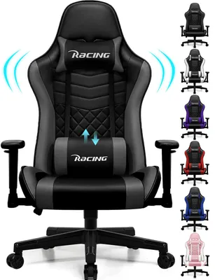 Zdjęcie produktu dla Fotel gamingowy Aiibot, ergonomiczne krzesło biurowe, fotel do biurka, fotel dla graczy, fotel gamingowy z regulowanym zagłówkiem i podparciem lędźwiowym, szary
