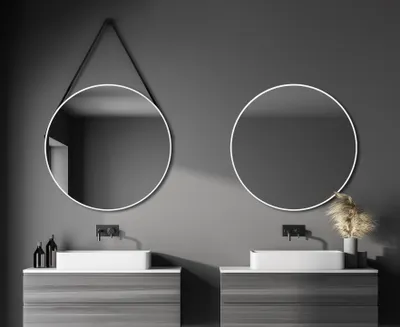 Produktbild von Wandspiegel Talos White Style Matt Ø 80 cm - Badspiegel mit Aufhängegurt in Lederoptik - hochwertiger umlaufender Aluminiumrahmen in weiß - Badezimmerspiegel