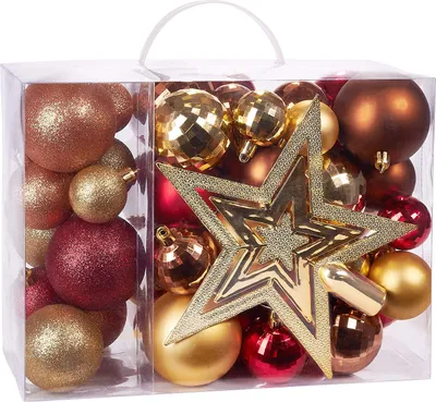 Produktbild von Brubaker 50-teiliges Set Weihnachtskugeln mit Baumspitze - Christbaumschmuck in Rot Gold Braun