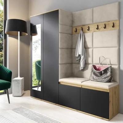 Produktbild von Garderoben-Set "CLEO", Moderner Kleiderschrank mit Polsterplatten und Schuhschrank – Ideal für Flur und Eingangsbereich (Artisan/Schwarz, Trinity 02)